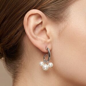 Silver Tone Pearl Hoop Earrings | Minimalist Open Hoop Dangle